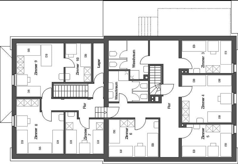 Grundriss des Obergeschosses mit Schlaf- und Waschräumen.