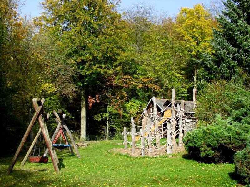 Naturnaher Spielplatz des Freizeitheims mit Schaukel und Wiese.